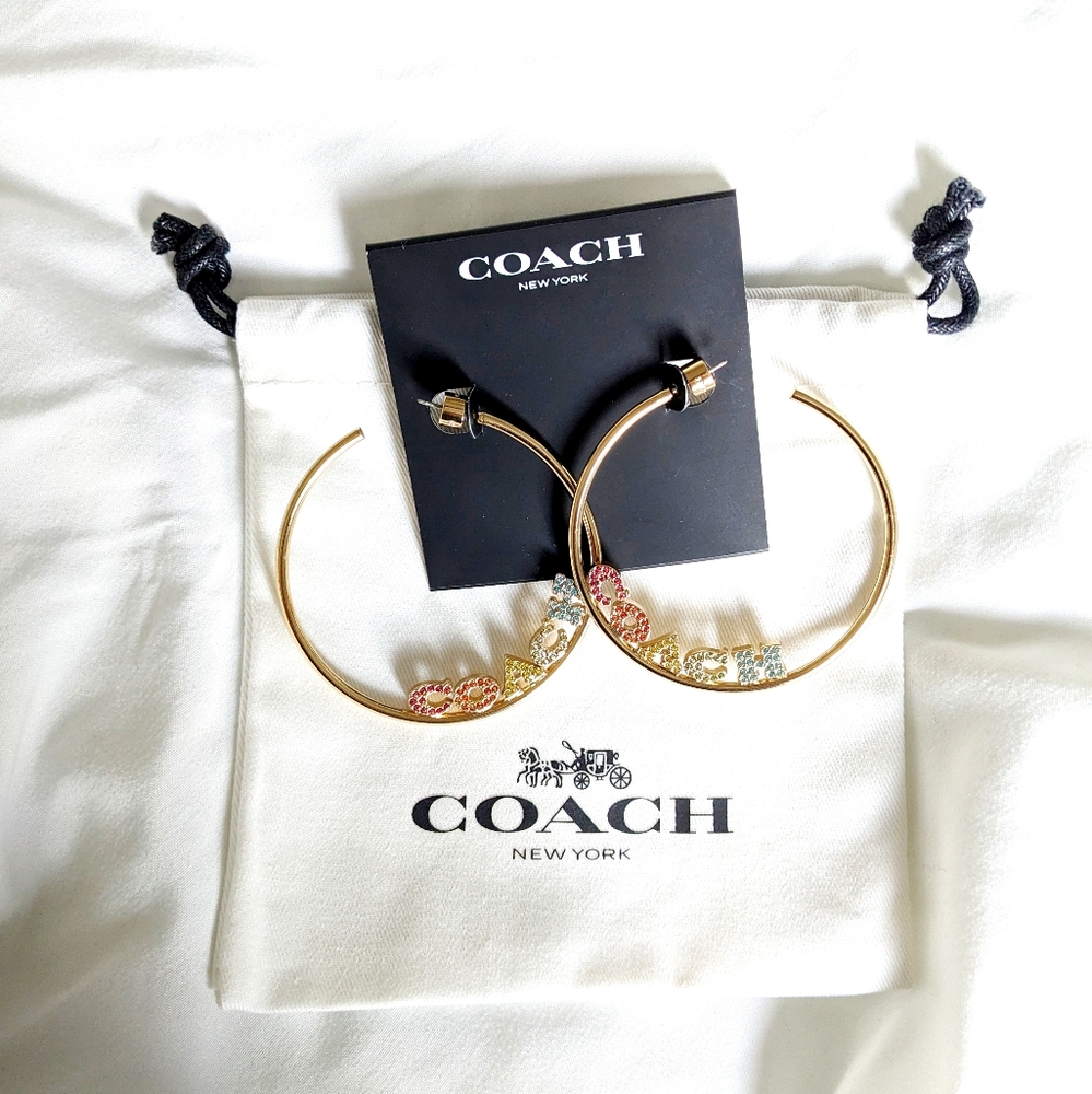 NWT, Coach Gold, & RAINBOW Multicolor Hoop Earrings 2¼" - Picture 9 of 12